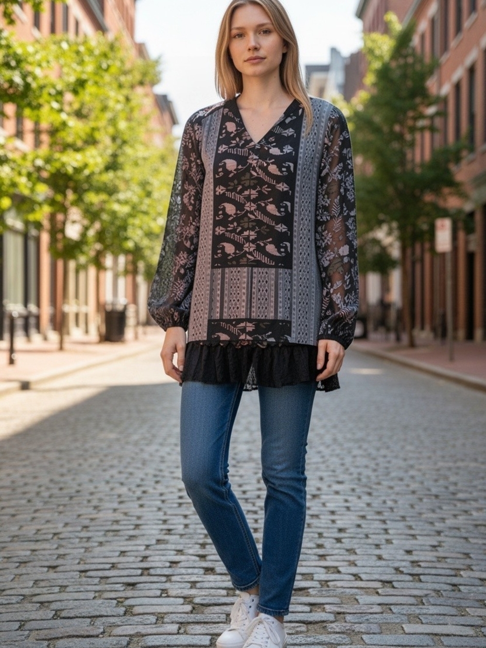 Lucky Brand Black Multi Print Long Sleeve Boho Blouse Size XL